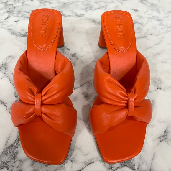 Schutz Fairy High Leather Mid Sandals in Flame Orange Block Heel EVEREVE Size 7 - Picture 3 of 13